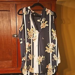 Floral top with blue and white stripes